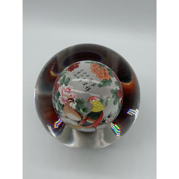 Vntg Chinese Reverse Hand Painted Crystal Ball Rotating Stand Birds Signed - Picture 3 of 8